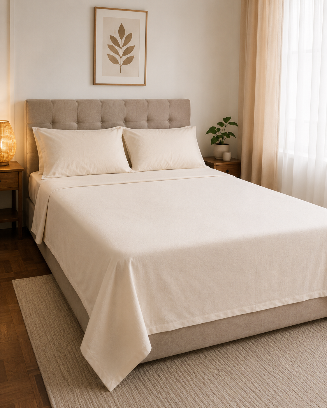 AANGĪ Natural Ivory Hemp Cotton Double Bed Sheet and Pillow Cover Set