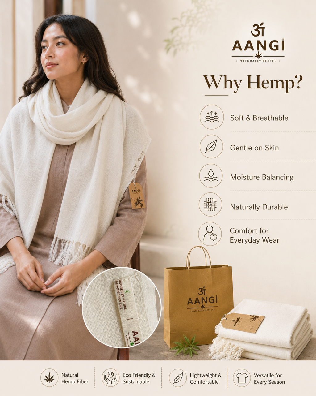 AANGĪ Natural Ivory Hemp Cotton Shawl – Soft Long Scarf | 80% Hemp 20% Cotton