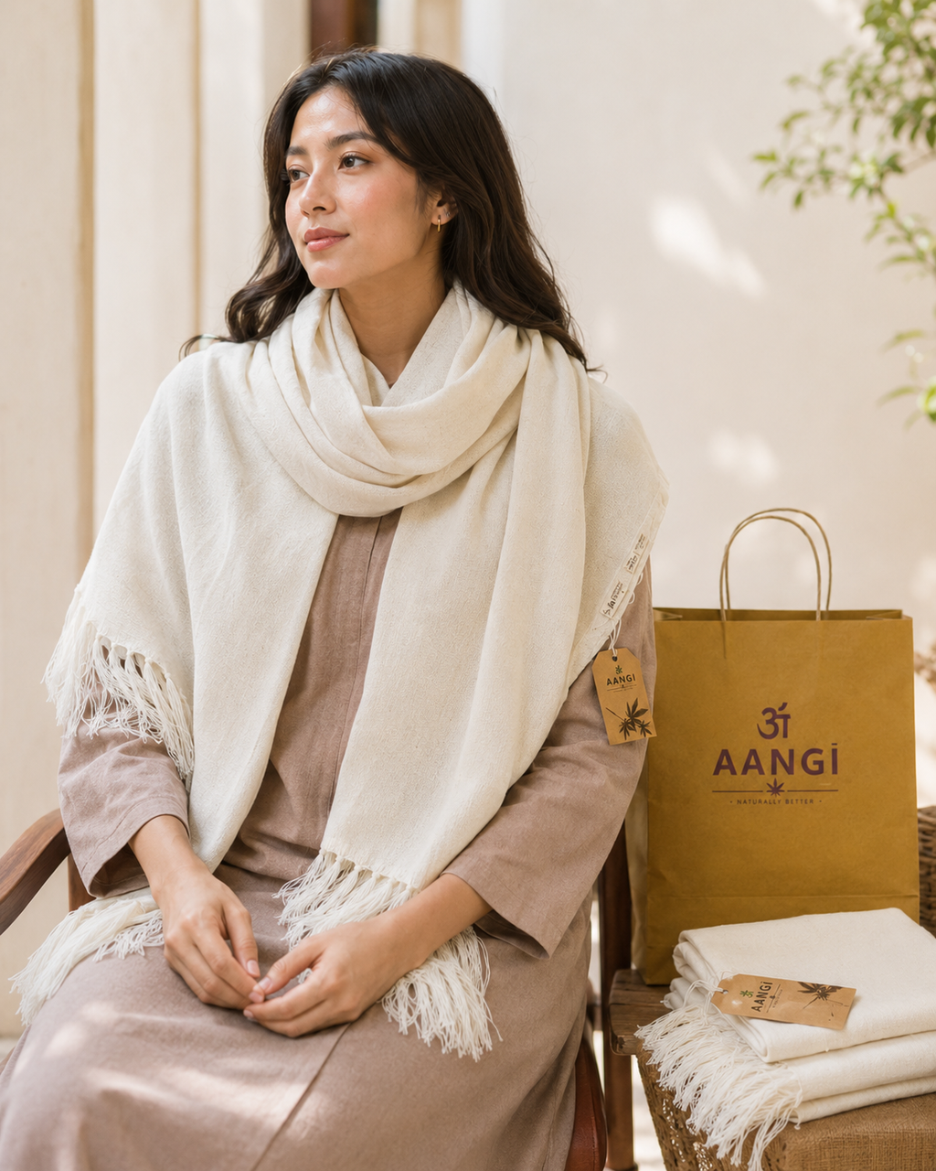 AANGĪ Natural Ivory Hemp Cotton Shawl – Soft Long Scarf | 80% Hemp 20% Cotton