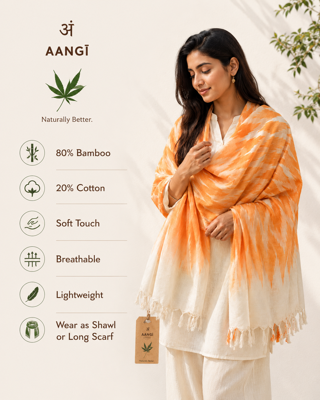 AANGĪ Bamboo Cotton Shawl | Orange Ivory Long Scarf | Natural Fibre Wrap