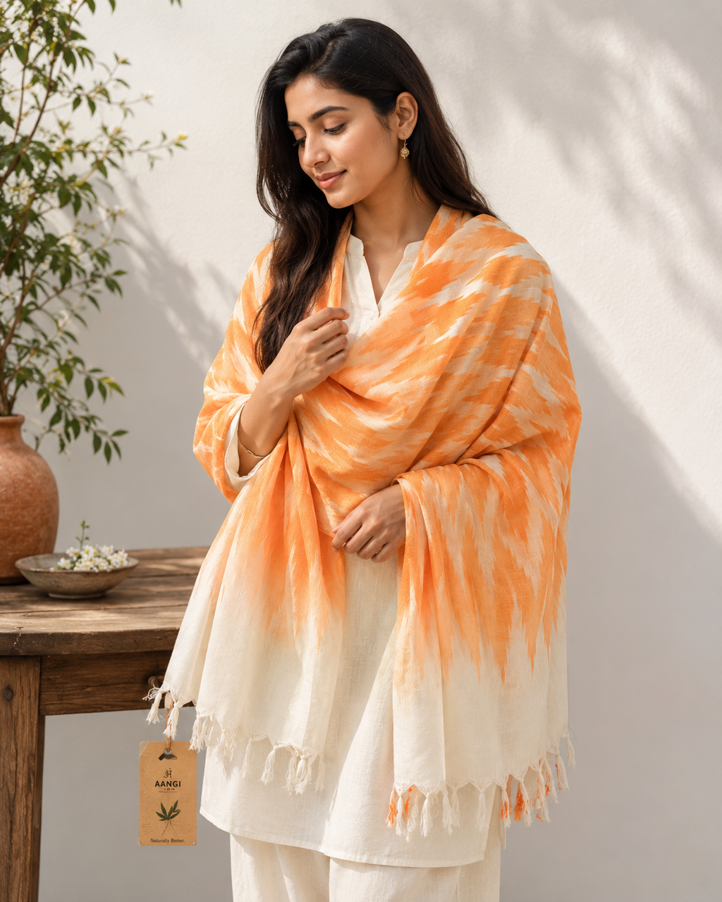 AANGĪ Bamboo Cotton Shawl | Orange Ivory Long Scarf | Natural Fibre Wrap