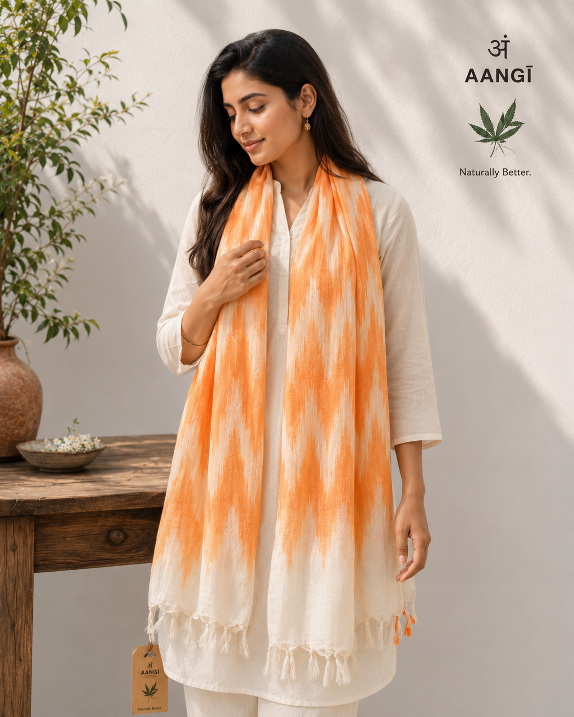 AANGĪ Bamboo Cotton Shawl | Orange Ivory Long Scarf | Natural Fibre Wrap