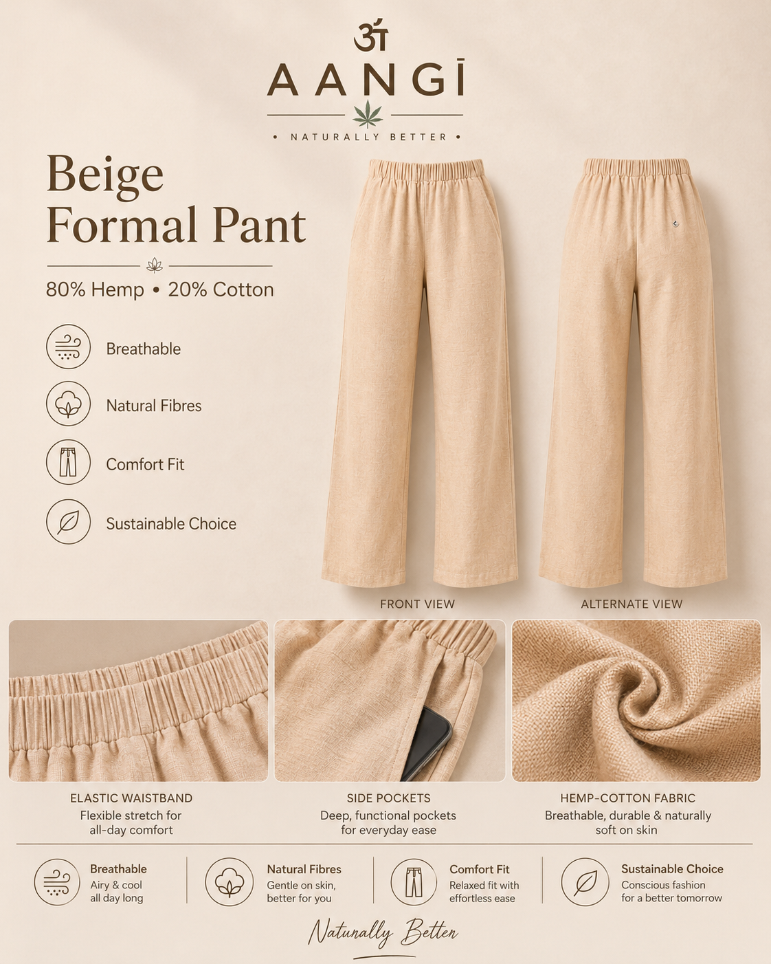 AANGĪ Beige Formal Hemp Cotton Pant