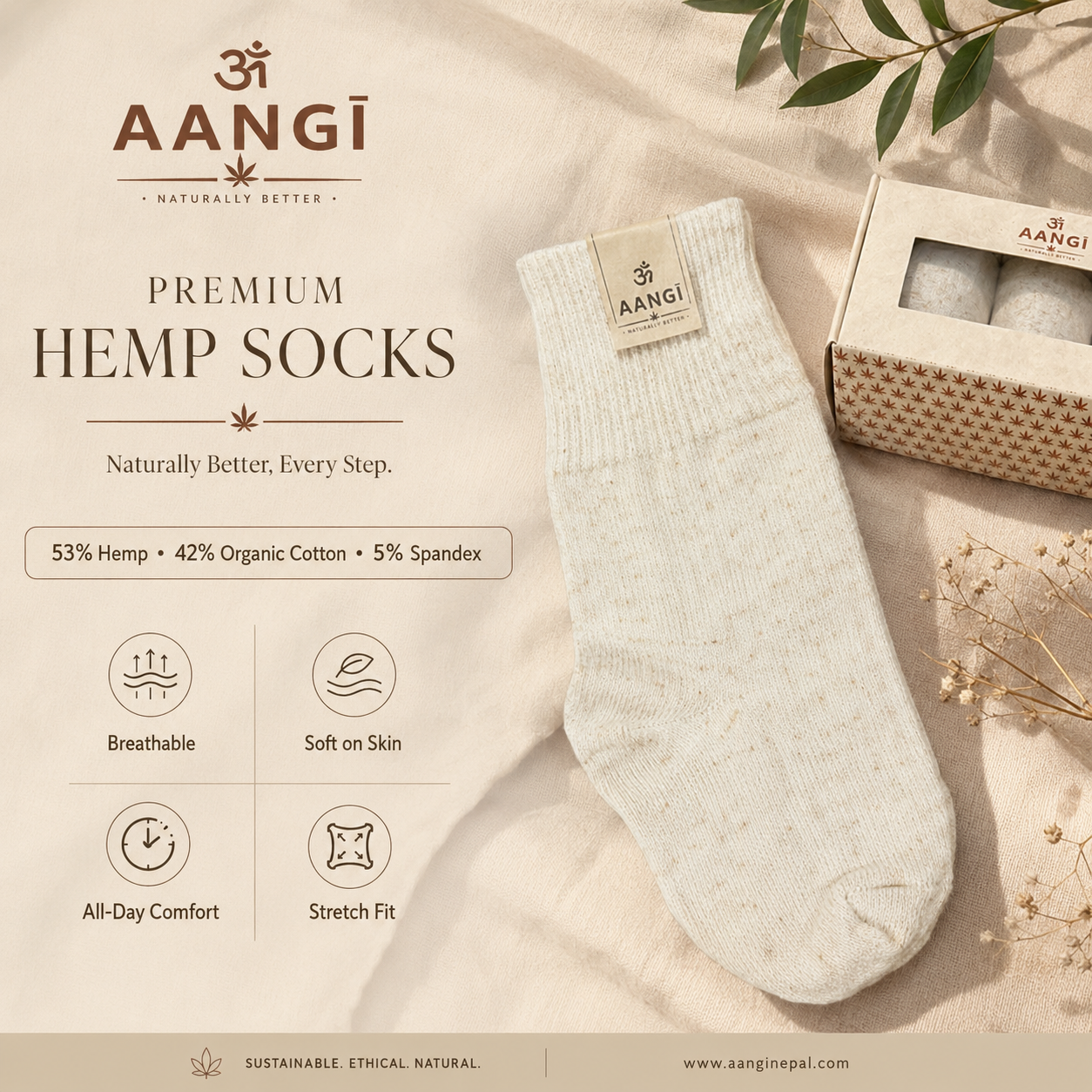 AANGĪ Premium Hemp Socks Gift Box – 53% Hemp & Organic Cotton |  Crew Length