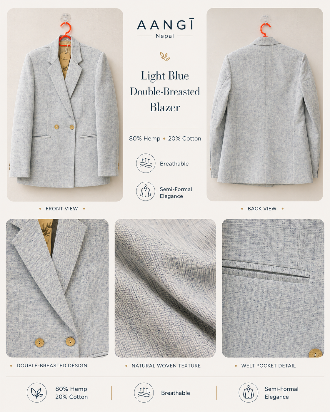 AANGĪ Light Blue Double-Breasted Hemp Cotton Blazer