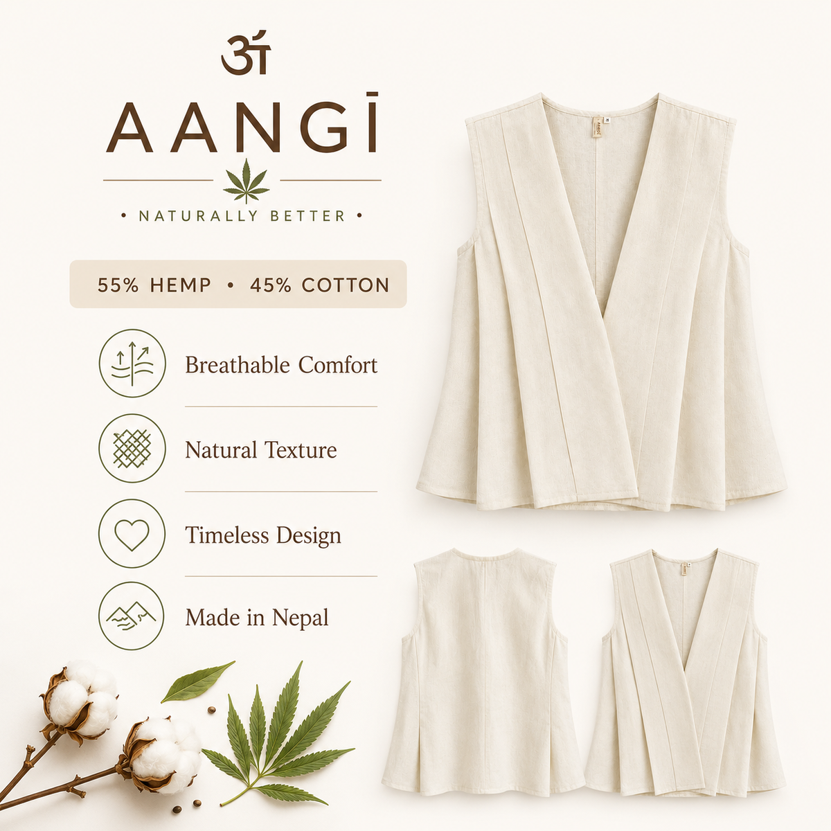 AANGĪ Natural Ivory V-Neck Hemp Cotton Vest Top