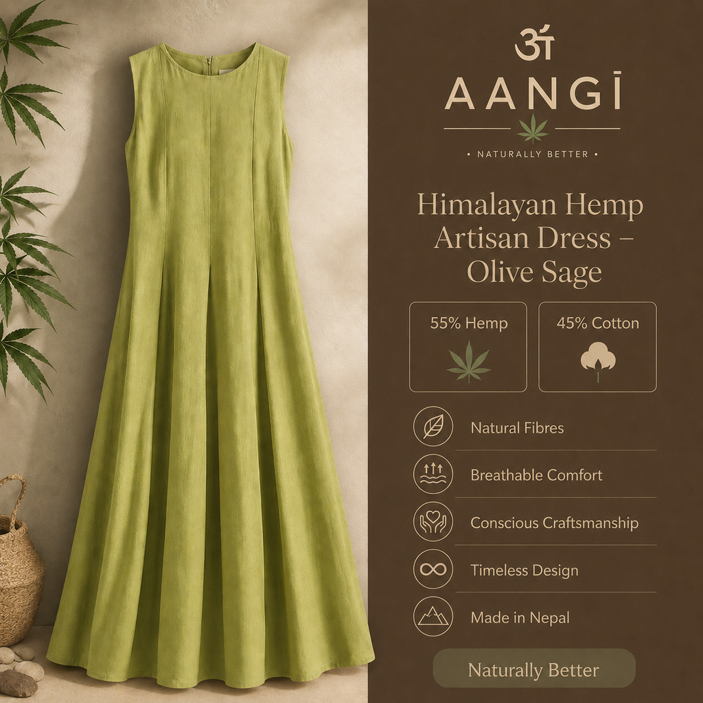 Himalayan Hemp Artisan Dress – Olive Sage