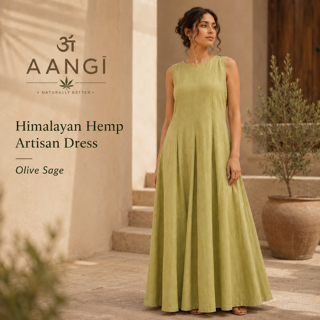 Himalayan Hemp Artisan Dress – Olive Sage