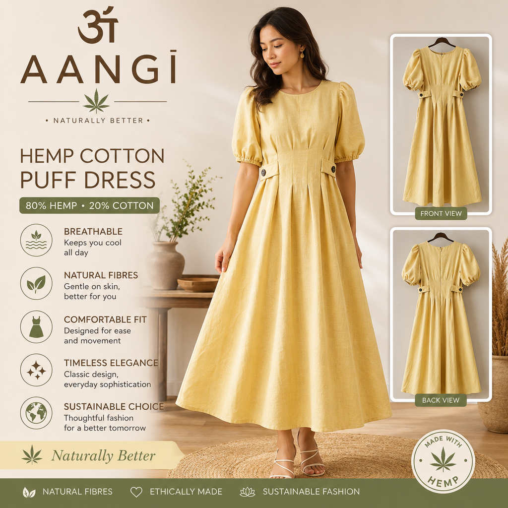 AANGĪ Butter Yellow Half Puff Sleeve Hemp Cotton Dress