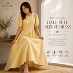 AANGĪ Butter Yellow Half Puff Sleeve Hemp Cotton Dress