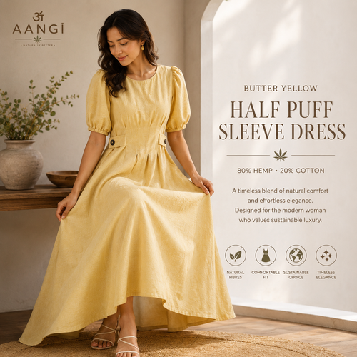 AANGĪ Butter Yellow Half Puff Sleeve Hemp Cotton Dress
