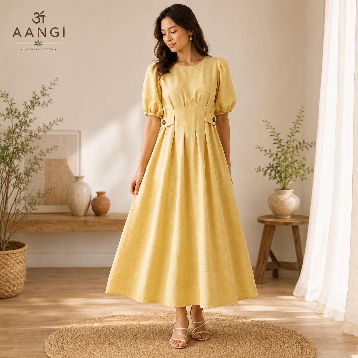 AANGĪ Butter Yellow Half Puff Sleeve Hemp Cotton Dress