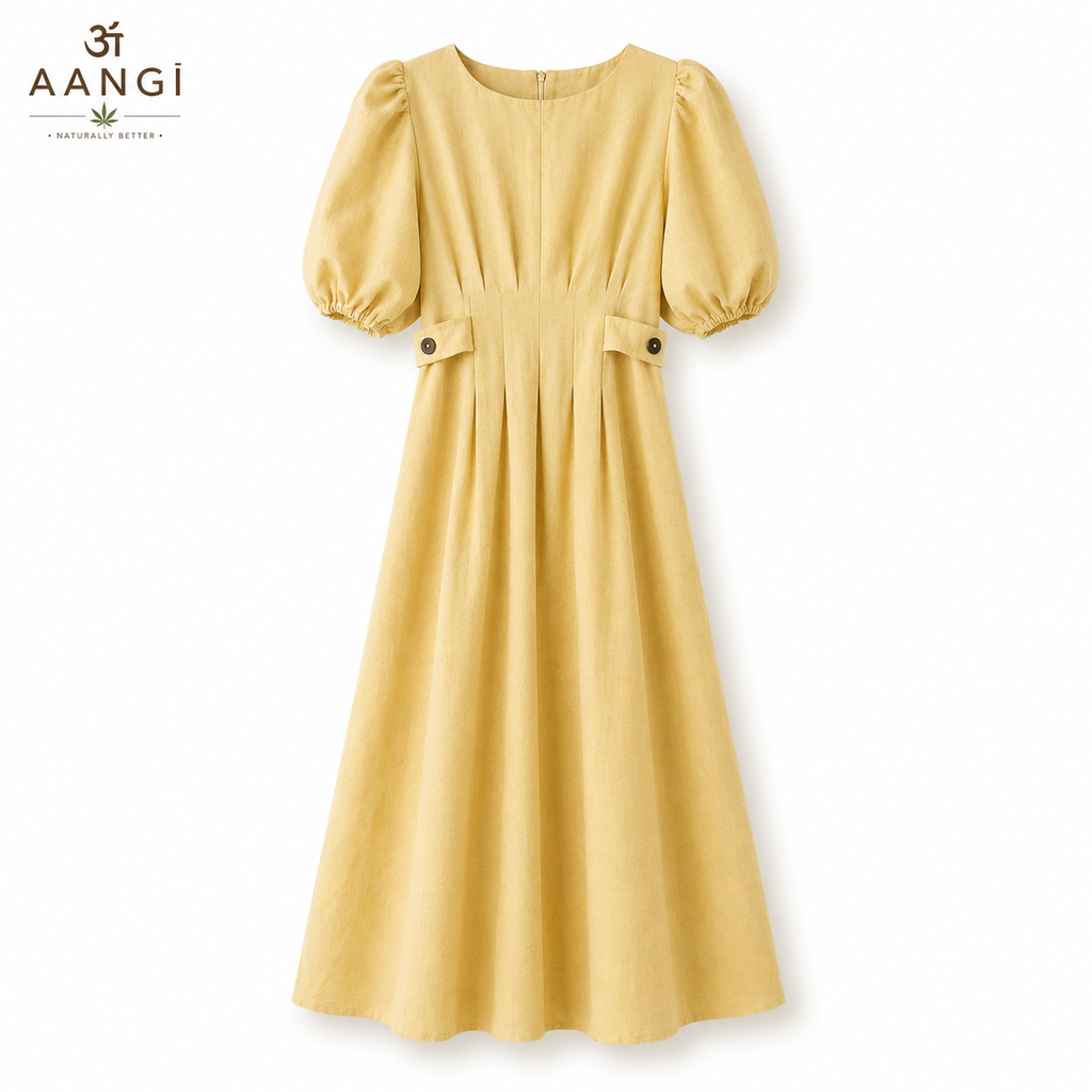 AANGĪ Butter Yellow Half Puff Sleeve Hemp Cotton Dress