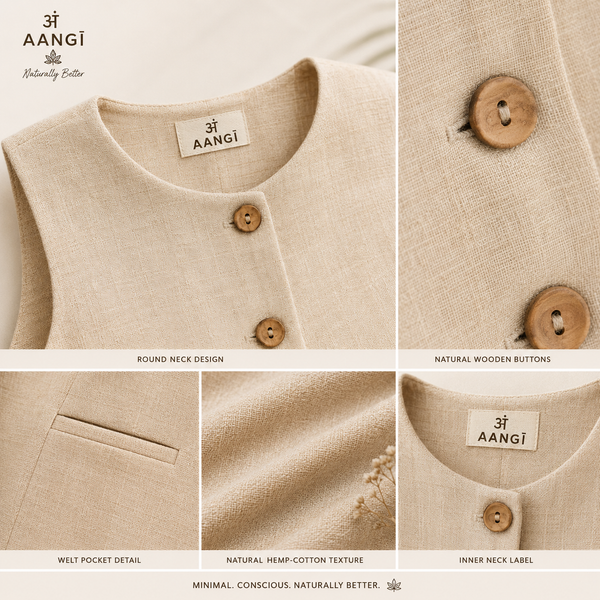 AANGĪ Oatmeal Beige Sleeveless Hemp Cotton Button Vest