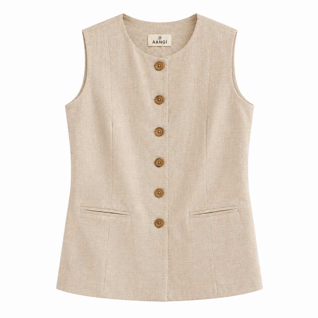 AANGĪ Oatmeal Beige Sleeveless Hemp Cotton Button Vest
