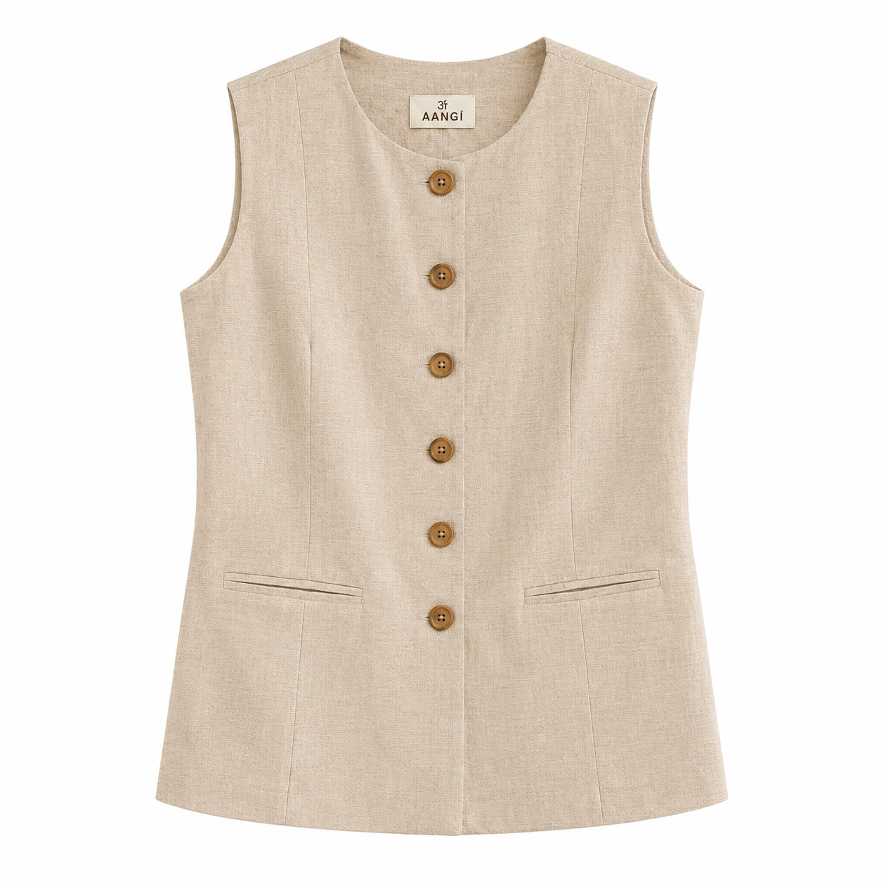 AANGĪ Oatmeal Beige Sleeveless Hemp Cotton Button Vest