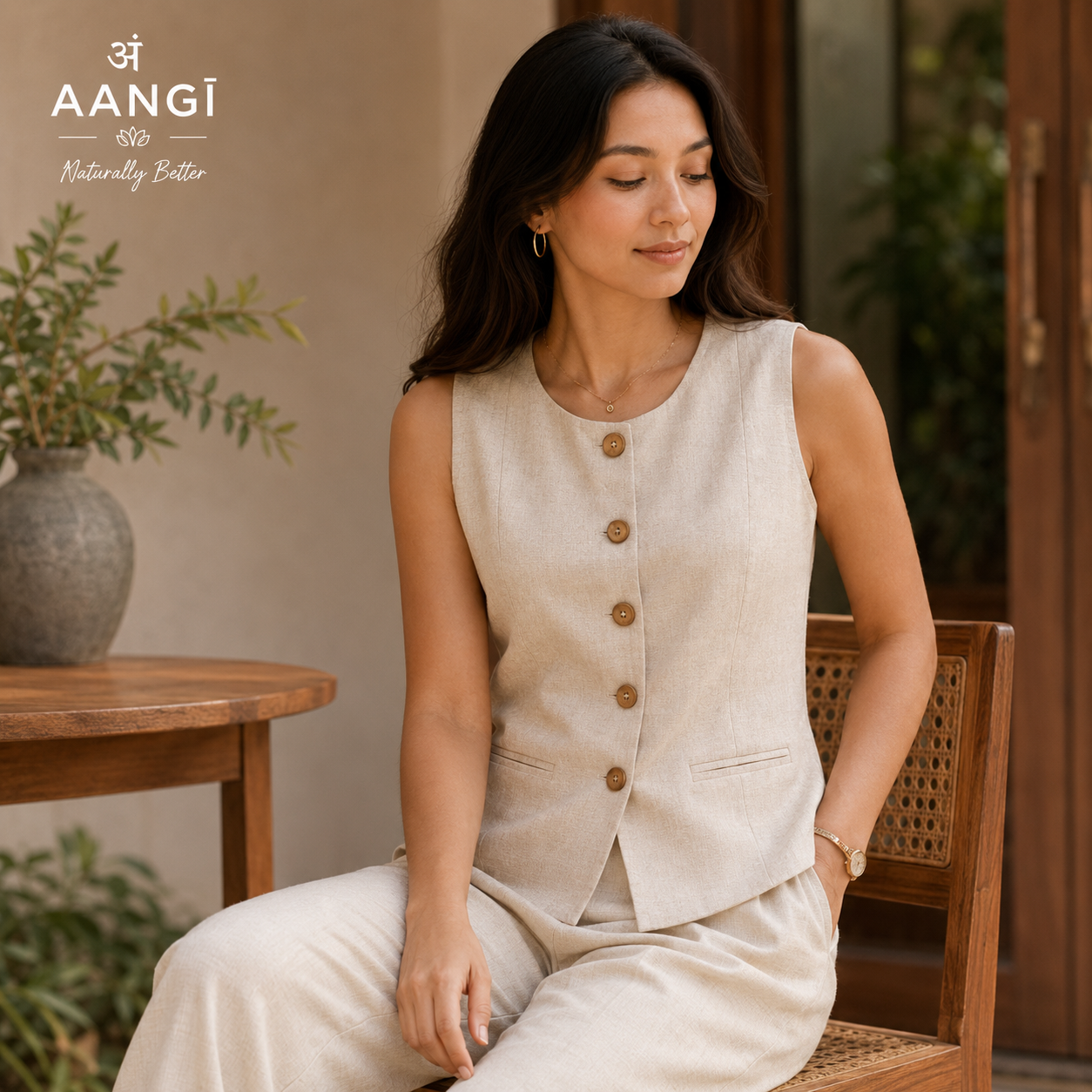 AANGĪ Oatmeal Beige Sleeveless Hemp Cotton Button Vest