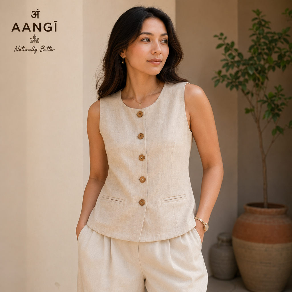 AANGĪ Oatmeal Beige Sleeveless Hemp Cotton Button Vest