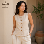 AANGĪ Oatmeal Beige Sleeveless Hemp Cotton Button Vest