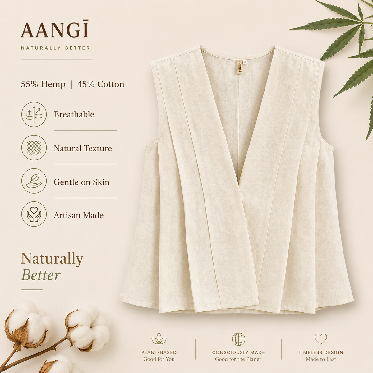 AANGĪ Natural Ivory V-Neck Hemp Cotton Vest Top