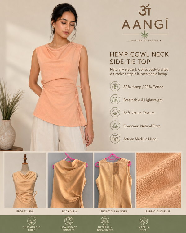 AANGĪ Soft Peach Cowl Neck Side Tie Hemp Cotton Top