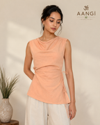 AANGĪ Soft Peach Cowl Neck Side Tie Hemp Cotton Top