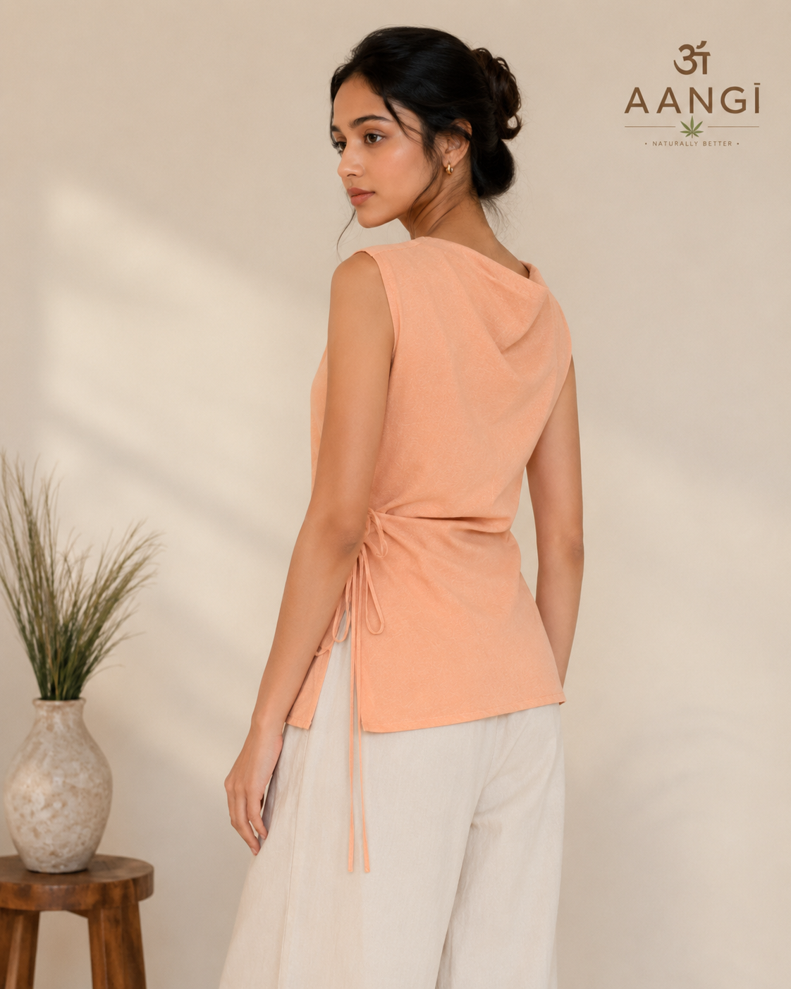 AANGĪ Soft Peach Cowl Neck Side Tie Hemp Cotton Top