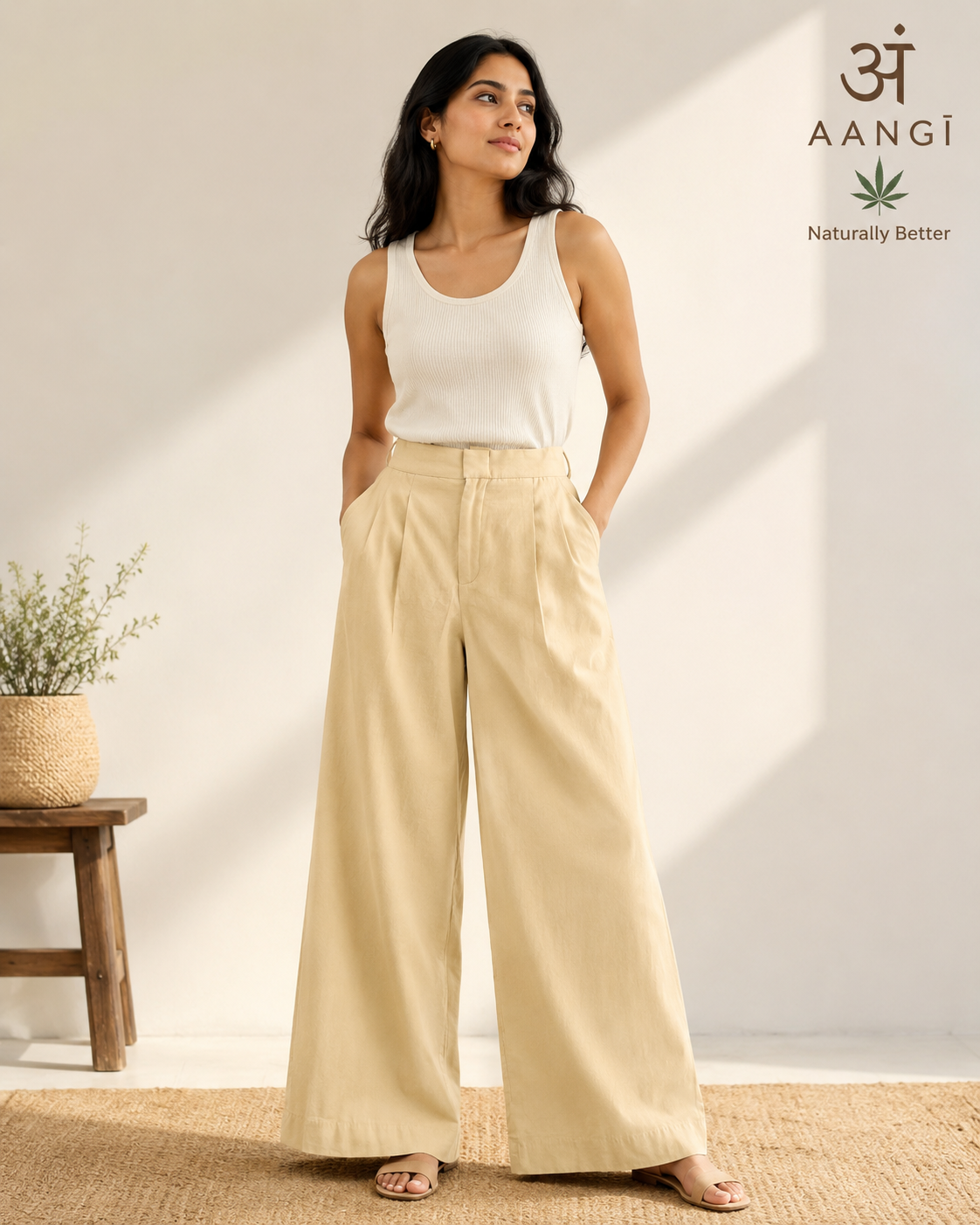 AANGĪ Women’s Butter Beige Hemp Cotton Wide-Leg Trouser