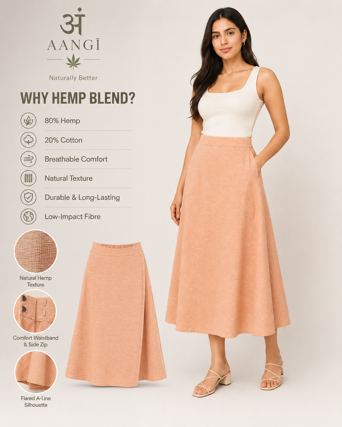 AANGĪ Peach A-Line Hemp Cotton Skirt